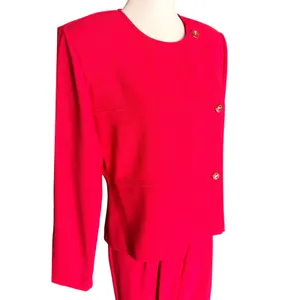 Vintage Red 2 Piece Pant Suit‎ Asymmetrical Button Blazer Pleated Trousers 1980s thumbnail 4