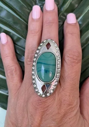 Ladies Cocktail Costume Jewelry Ring Silver Tone Band Faux Turquoise Adustable thumbnail 11