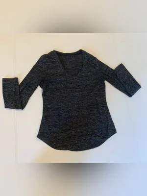 Women's Small Heathered Charcoal Gray Basic V-Neck Long Sleeve T-Shirt Top thumbnail 5