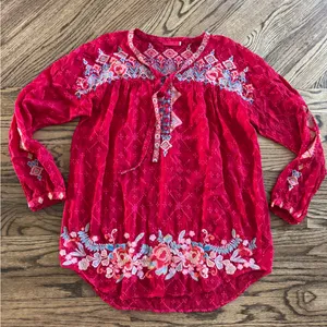 Johnny Was Long Sleeve Tunic Lightweight Red Embroidered Large V Neck Floral thumbnail 1