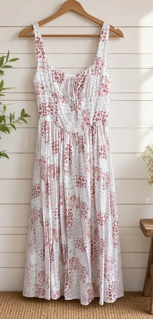 Floral Sleeveless Corset Front Tie Midi Dress Large thumbnail 1