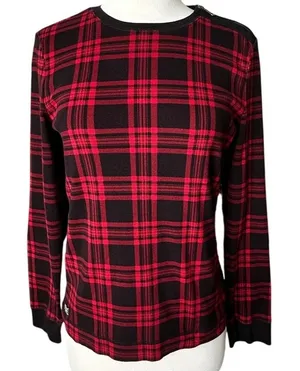 Lauren Ralph Lauren Plaid Top Red Black Shoulder Zip Elbow Patch Size L thumbnail 1