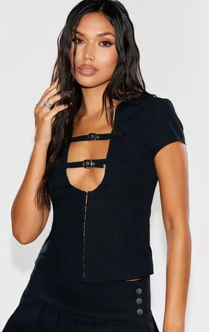 Black Plunge Buckle Detail Corset Shirt thumbnail 1