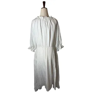 Maison Tara Midi Dress Womens 10 White Striped Excellent Ruffle Wrap V-Neck Puff thumbnail 3