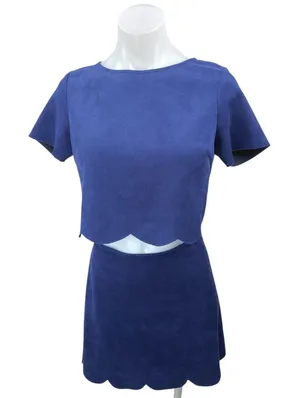 Aqua Women's Blue Faux Suede Scalloped 2-Pc Crop Top & Mini Pencil Skirt Set M thumbnail 1