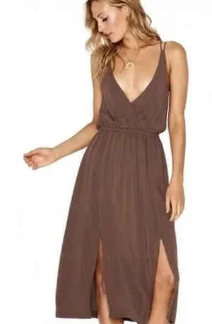 L*Space Tori Strappy Midi Dress in Cocoa‎ Brown Rayon V-Neck Slit Large thumbnail 1