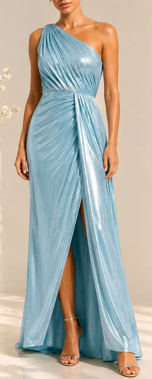 Mac Duggal One-Shoulder Metallic Aqua Blue Evening Gown Maxi Dress Size 4 New thumbnail 1