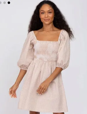 BIBI | Taupe Striped Smocked Puff Sleeve Dress thumbnail 1