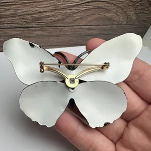 Large Rhinestone Butterfly Insect Enameled Metal Brooch Pin Enamel Black White thumbnail 11