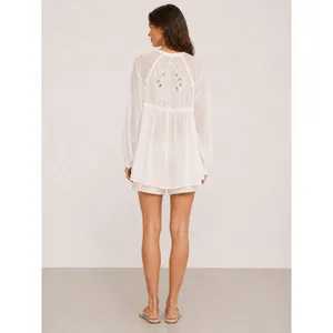 Free People Ivory Button Up High Low Tunic Embroidered Cutout Back M thumbnail 2