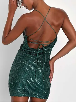 NEW Lulu’s Green Sequins Strappy Open Back Bodycon Mini Dress Womens Size Medium thumbnail 2