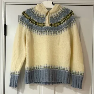 Eddie Bauer Sweater sz M Wool Mohair Blend Hooded Nordic Fair Isle ivory blue thumbnail 1