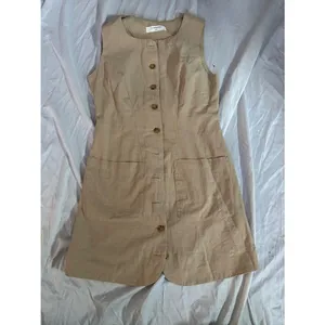 Sleeveless Button-Front Linen Blend Mini Dress in Beige thumbnail 3