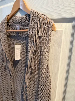 Chicos Open Weave Fringe Cardigan Shrug in Taupe thumbnail 4