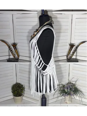 Solitaire white fringes crochet vest top macrame boho fairy festival coastal S thumbnail 4