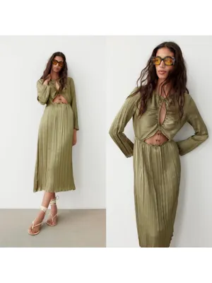Zara Olive Cutout Pleated Midi Dress thumbnail 2