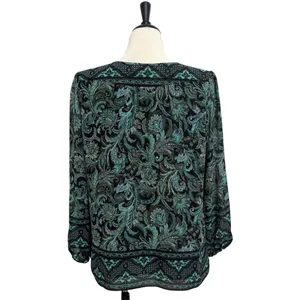 Kim Gravel Belle Black Green Paisley Sheer Sleeve Overlay Split V Neck Tie Top M thumbnail 6