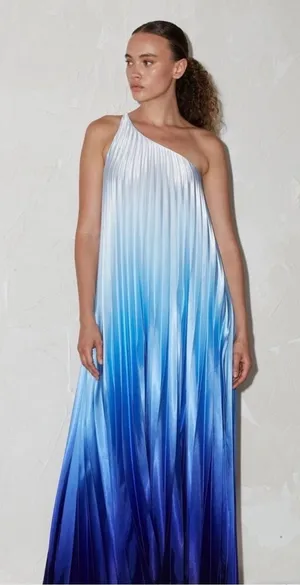 Delfi Collective Erica One-Shoulder Pleated Blue Ombré Maxi‎ Dress Sz Small New thumbnail 1