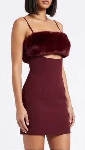 Naked Wardrobe Burgundy Faux Fur Trim Mini Dress Sexy Date Night Club Prom Med thumbnail 1