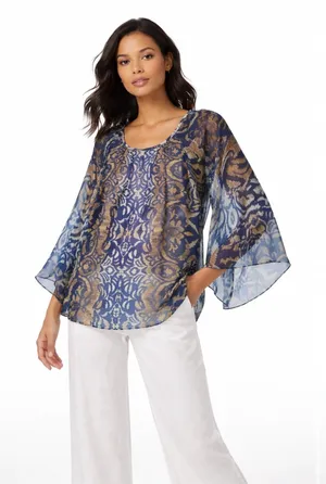 Chicos Women Sheer Blouse Blue Gold Ikat Boho Flowy Top Sz 2 US L Resort Coastal thumbnail 1