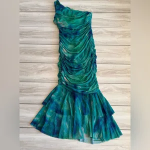 Hello Molly Euphoria One Shoulder Mesh Midi Dress Green Size 8 NWT thumbnail 3