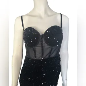 Boutique Beautiful Sequin Mesh Panel Split Thigh Maxi, Cami Dress Black XL NWOT thumbnail 2