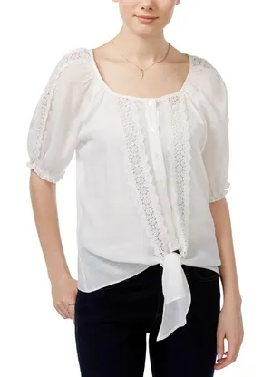 NWT BCX Juniors Lace-Trim Tie-Hem Peasant Top 1080F2K White L thumbnail 1