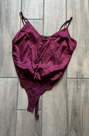 Lulu's Deep Wine Satin Button-Front Bodysuit thumbnail 1