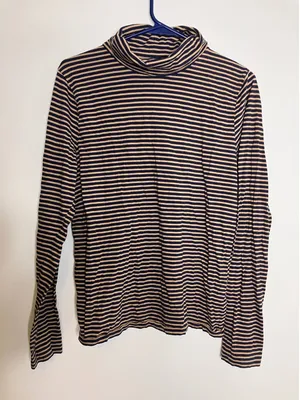 J.Crew Turtleneck Top Womens Large Navy Tan Excellent Striped Long Sleeve Cotton thumbnail 1