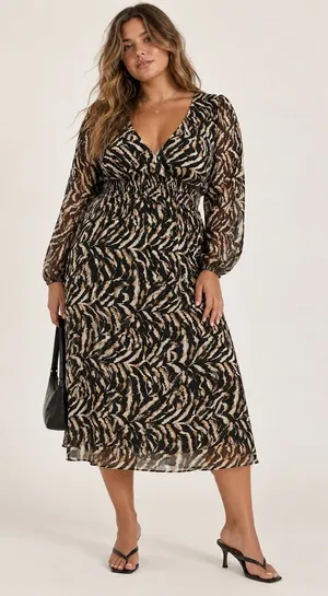 Sofia Vergara Dress XL Black Tan Zebra Smocked Empire Waist Metallic Chiffon thumbnail 1