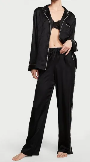 Victoria Secret Women’s Signature Satin Jacquard Black Pajama Set Size M Short thumbnail 1