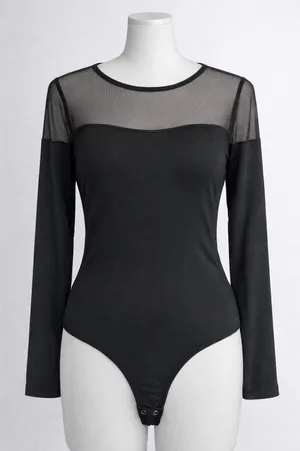 Abercrombie & Fitch Bodysuit Womens Large Black Mesh Panel Long Sleeve Sheer Top thumbnail 1