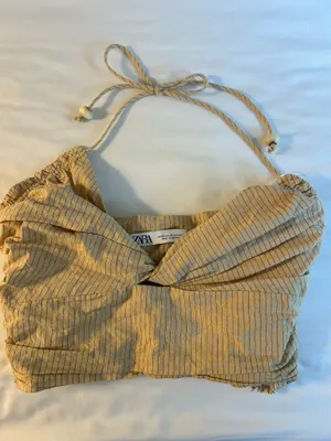 Zara Striped Beige Halter Crop Top thumbnail 1