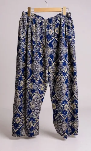 Blue & Cream Geometric Print Harem Pants |‎ Elastic Waist | Lightweight Boho thumbnail 1