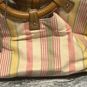 Vintage Fossil Striped Canvas hand Bag with Brown Handles thumbnail 4