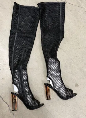 Bamboo Black Mesh Over The Knee Boots Open Toe Gold Block Heel Womens 7 thumbnail 1