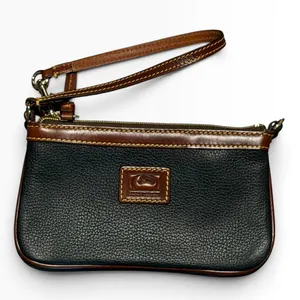 Dooney & Bourke Black Pebbled Leather Wristlet Clutch Brown Trim Purse Slim thumbnail 1