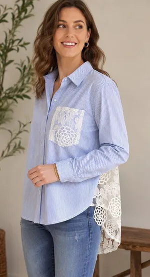 Womens Blue White Striped Button Down Blouse Lace Back Pocket Size XL thumbnail 1