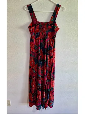MSK Bold Tropical Floral Square Neck Smocked Maxi Dress Coral Red Small W-272 thumbnail 2