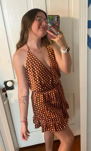 polka dot halter neck romper play suit in burnt orange thumbnail 1