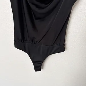 [ASTR] Black Satin Asymmetrical Sleeveless Draped Cowl Neck Bodysuit Sz Medium M thumbnail 7