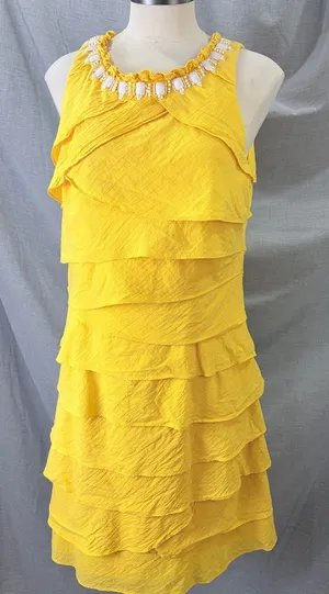 S.L. Fashions Yellow Tiered Ruffle Dress Beaded‎ Neckline 14 Vacation thumbnail 1