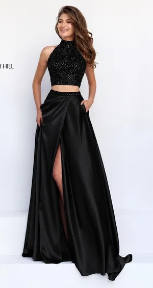 NWT Sherri Hill 11330 Black Two Piece Halter High Slit Prom Gown Dress Sz 6 $498 thumbnail 1