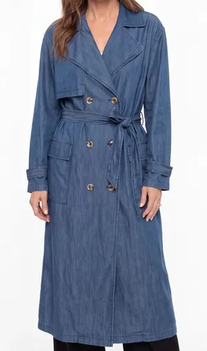 JustFab Double Breasted Longline lightweight Denim Trench Coat Belted minimalist thumbnail 1