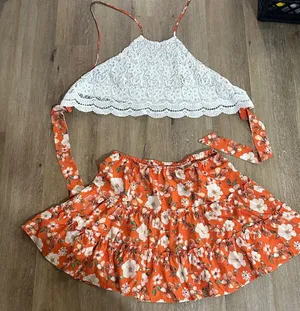 White Lace Crop Top and Orange Floral Skirt Set thumbnail 1