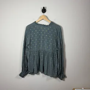 By Anthropologie Women’s Ruffled Peasant Blouse in Blue/Gold Metallic M thumbnail 14