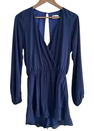 Show Me Your Mumu Rocky Romper Navy Blue Long Sleeve Ruffle Hem‎ Medium MF5-04 thumbnail 1
