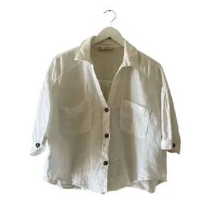 ZARA White Linen Blend Crop Button Up Shirt Boxy Minimalist Bohemian SZ L #1675 thumbnail 2