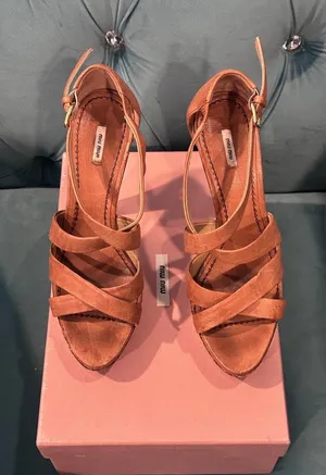 Miu Miu Tan Brown Leather Platform Heels Sandals Size 38.5 Authentic thumbnail 1
