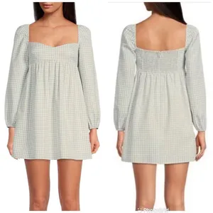 GIANNI BINI Green Gingham Mini‎ Peasant Dress Long Sleeves Low Cut Size 8 New thumbnail 2